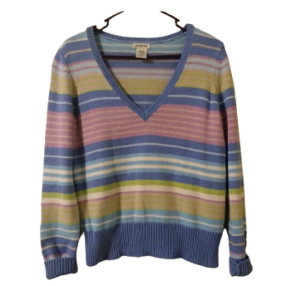 Y2K Striped Pastel Colored V-Neck Knit Sweater, Size: Medium. - Picture 3 of 9